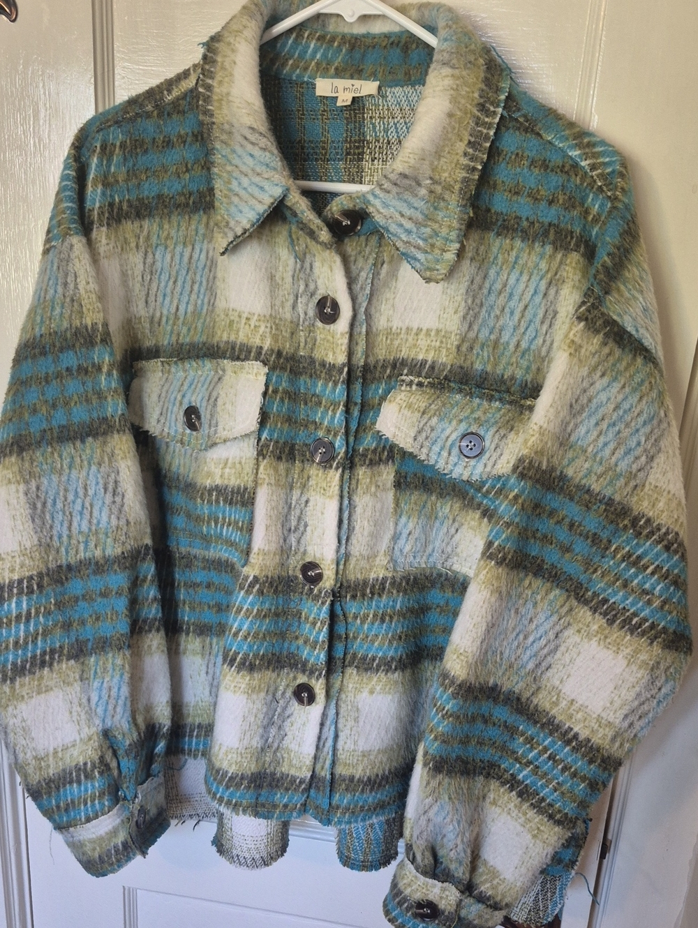 LA MIEL Teal, Cream & Olive Plaid Teddy Shacket
